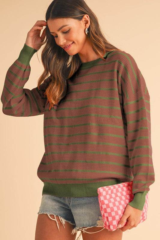 Shewin Stripe Round Neck Drop Shoulder Loose Sweater - Rosa Apparel