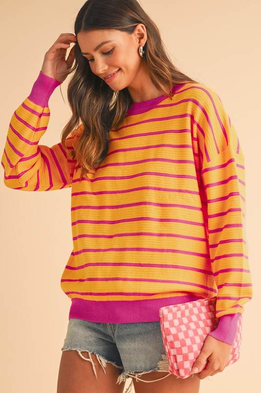Shewin Stripe Round Neck Drop Shoulder Loose Sweater - Rosa Apparel