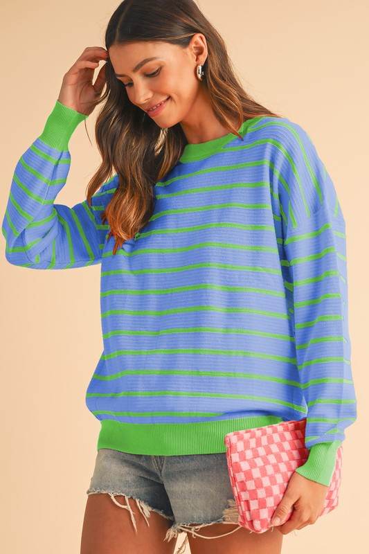 Shewin Stripe Round Neck Drop Shoulder Loose Sweater - Rosa Apparel