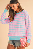 Shewin Stripe Round Neck Drop Shoulder Loose Sweater - Rosa Apparel