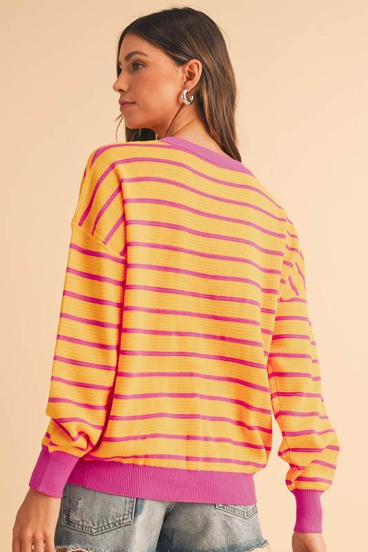 Shewin Stripe Round Neck Drop Shoulder Loose Sweater - Rosa Apparel