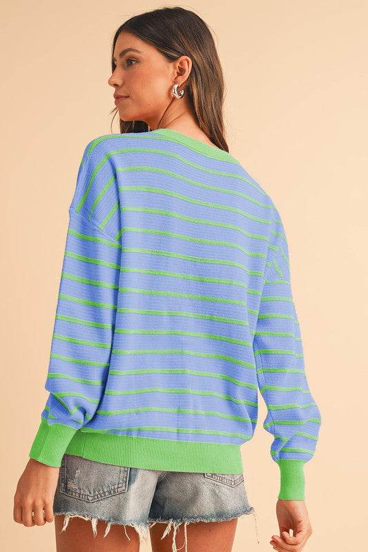 Shewin Stripe Round Neck Drop Shoulder Loose Sweater - Rosa Apparel