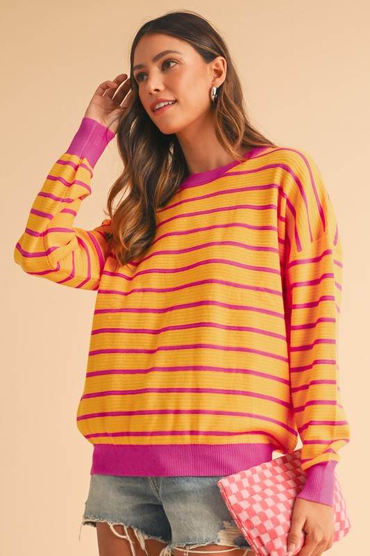 Shewin Stripe Round Neck Drop Shoulder Loose Sweater - Rosa Apparel
