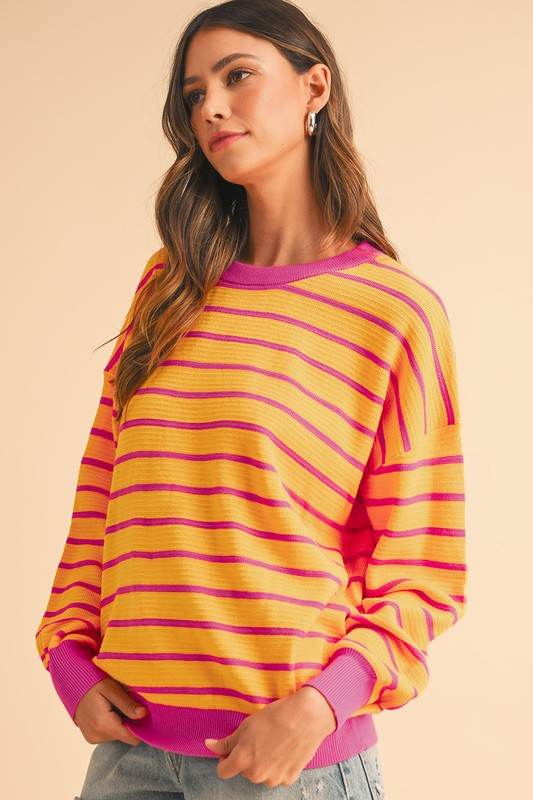 Shewin Stripe Round Neck Drop Shoulder Loose Sweater - Rosa Apparel