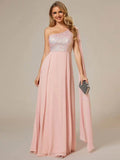 Shiny Sequin Chiffon One Shoulder Sleeveless Dresses - Rosa Apparel