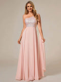 Shiny Sequin Chiffon One Shoulder Sleeveless Dresses - Rosa Apparel
