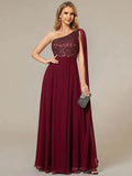 Shiny Sequin Chiffon One Shoulder Sleeveless Dresses - Rosa Apparel