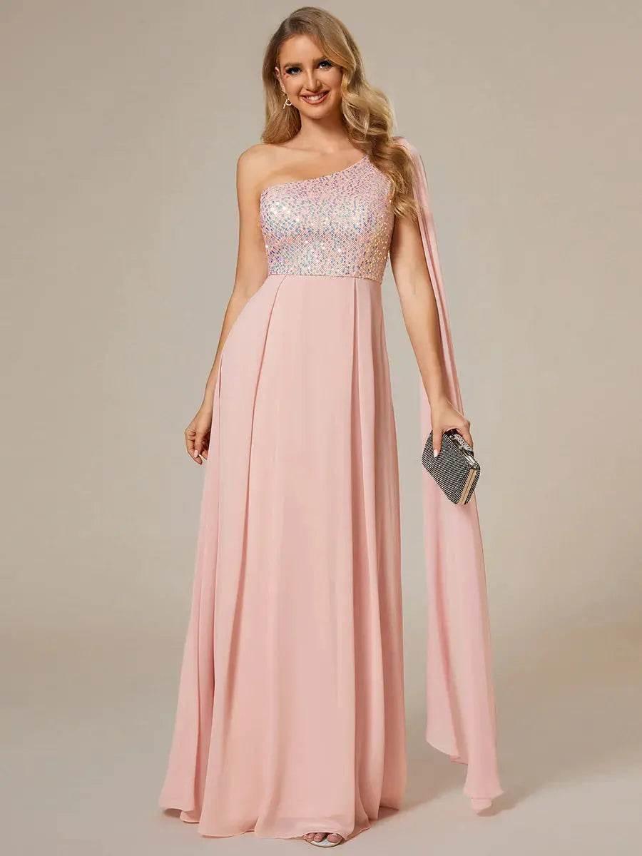 Shiny Sequin Chiffon One Shoulder Sleeveless Dresses - Rosa Apparel