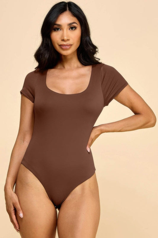 Short Sleeve Scoop Neck Double Layered Bodysuit – Brown - Rosa Apparel
