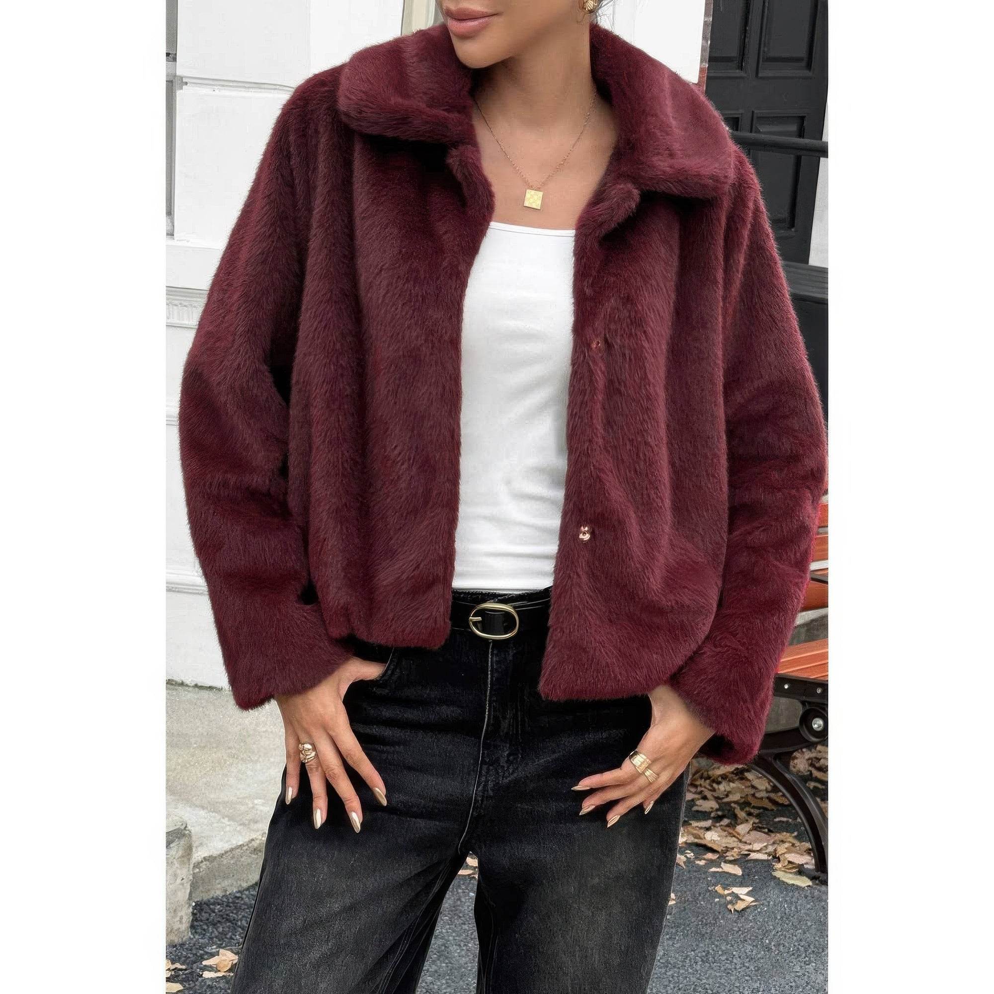 Solid Button Faux Fur Crop Jacket - Rosa Apparel