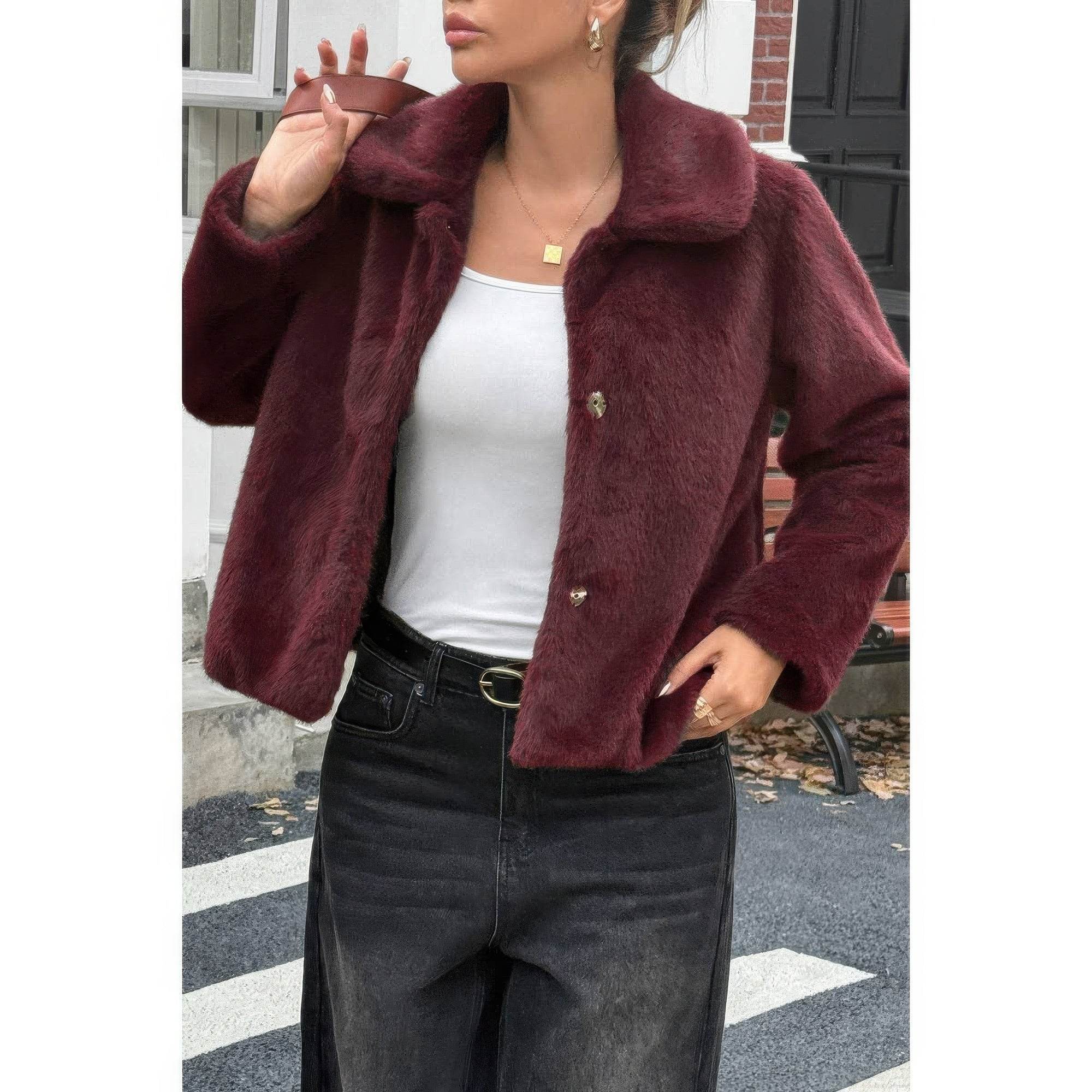 Solid Button Faux Fur Crop Jacket - Rosa Apparel