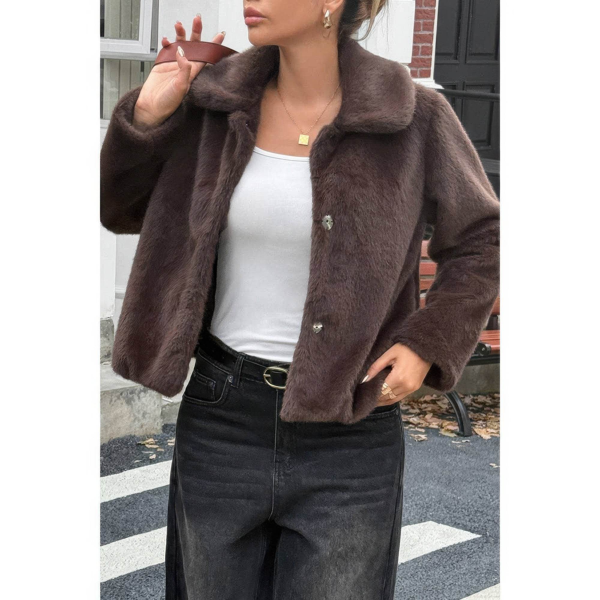 Solid Button Faux Fur Crop Jacket - Rosa Apparel