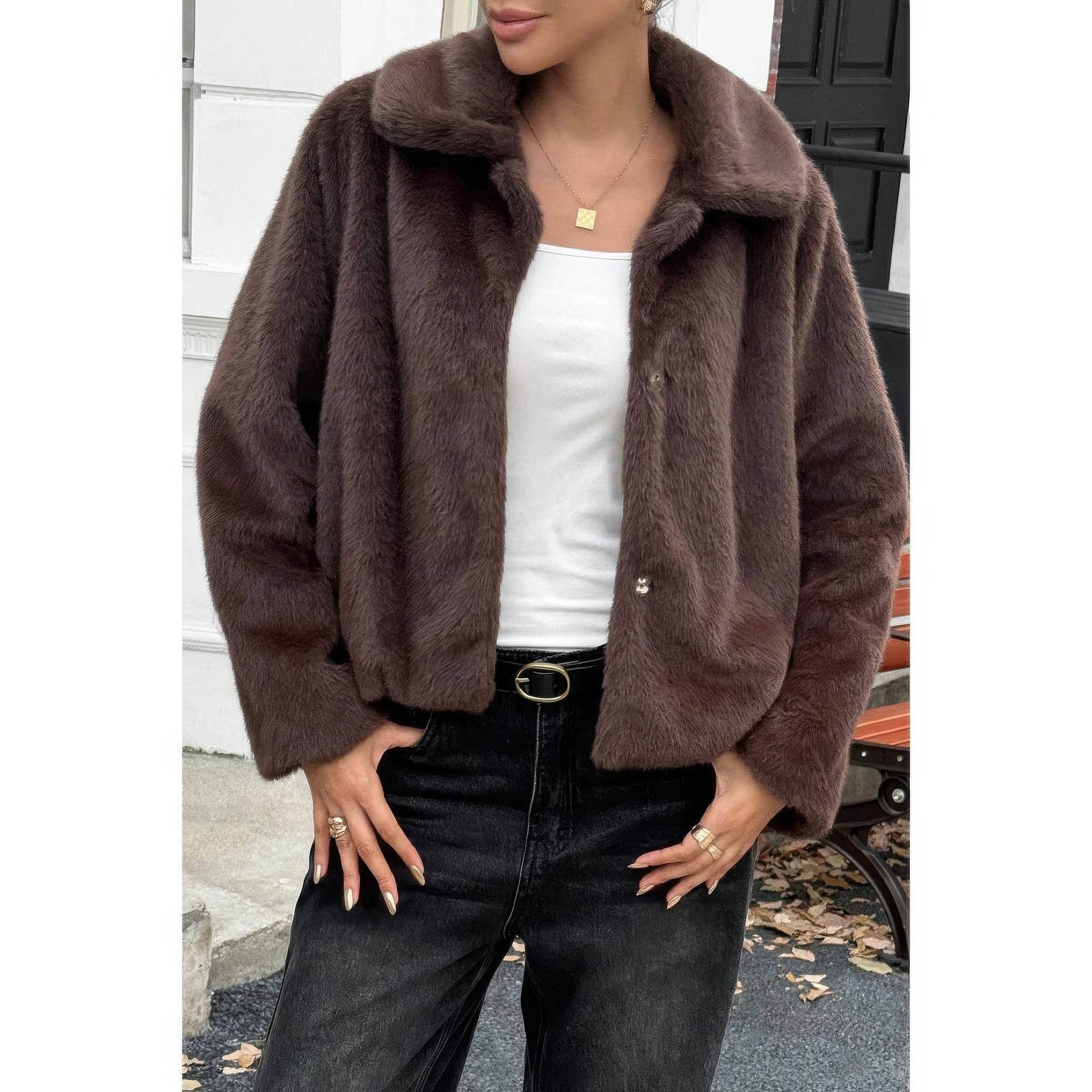 Solid Button Faux Fur Crop Jacket - Rosa Apparel