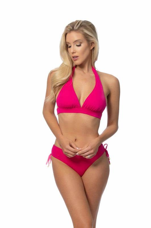 Solid Halter Bikini Set With Ruching Side Bottom - Rosa Apparel