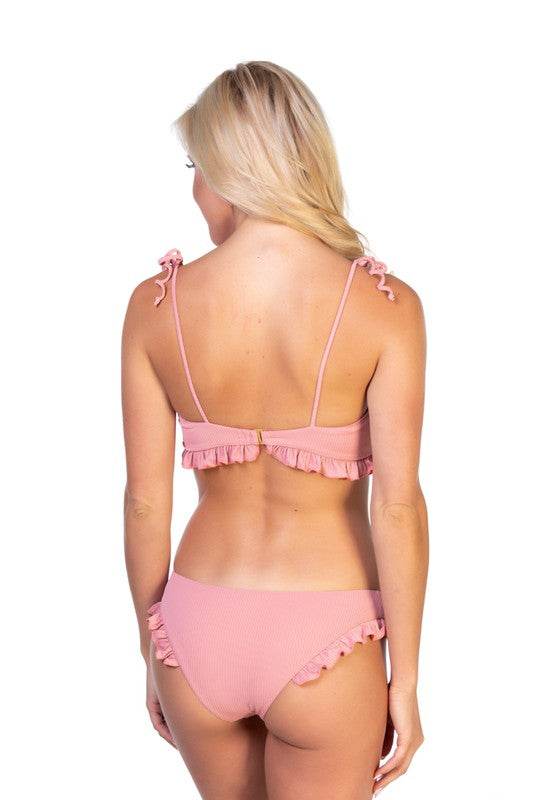 Solid Ribbed Pink Ruffled Bikini Set - Rosa Apparel