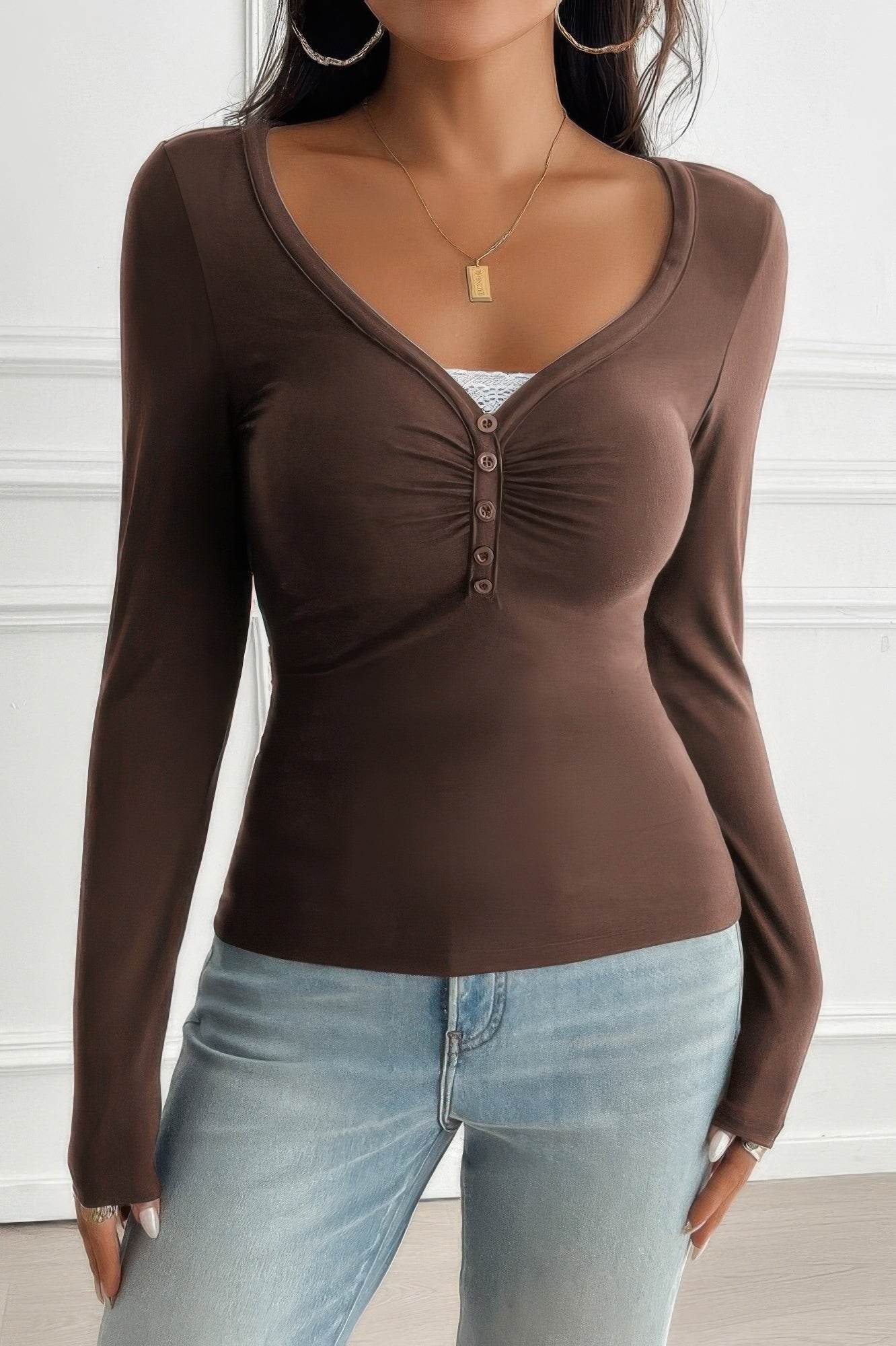 Solid Slim Fit Ruched V Neck Long Sleeve Button T-Shirt - Rosa Apparel