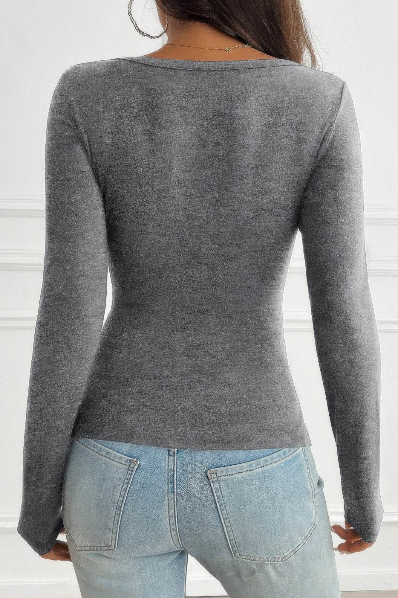 Solid Slim Fit Ruched V Neck Long Sleeve Button T-Shirt - Rosa Apparel