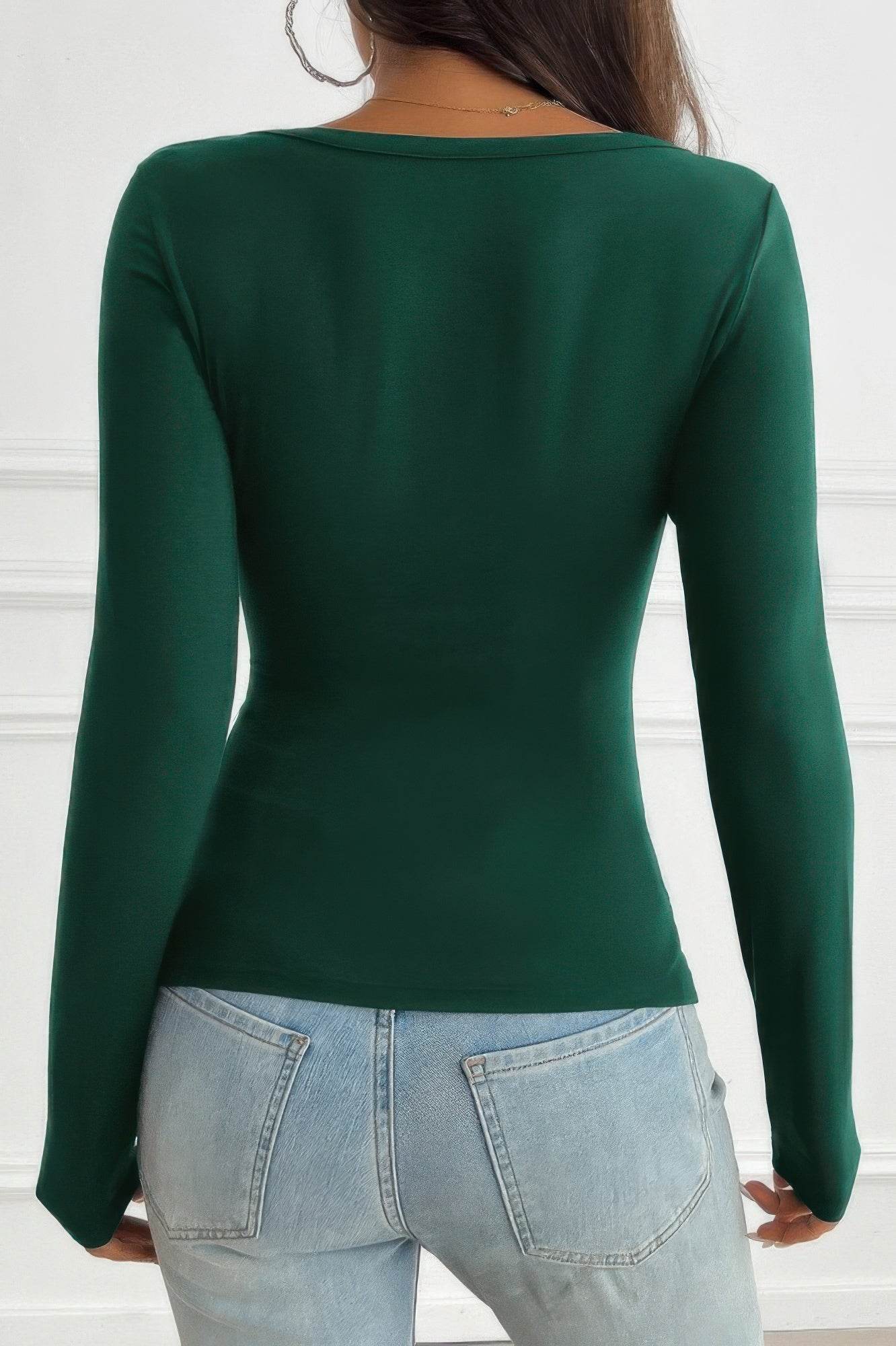 Solid Slim Fit Ruched V Neck Long Sleeve Button T-Shirt - Rosa Apparel