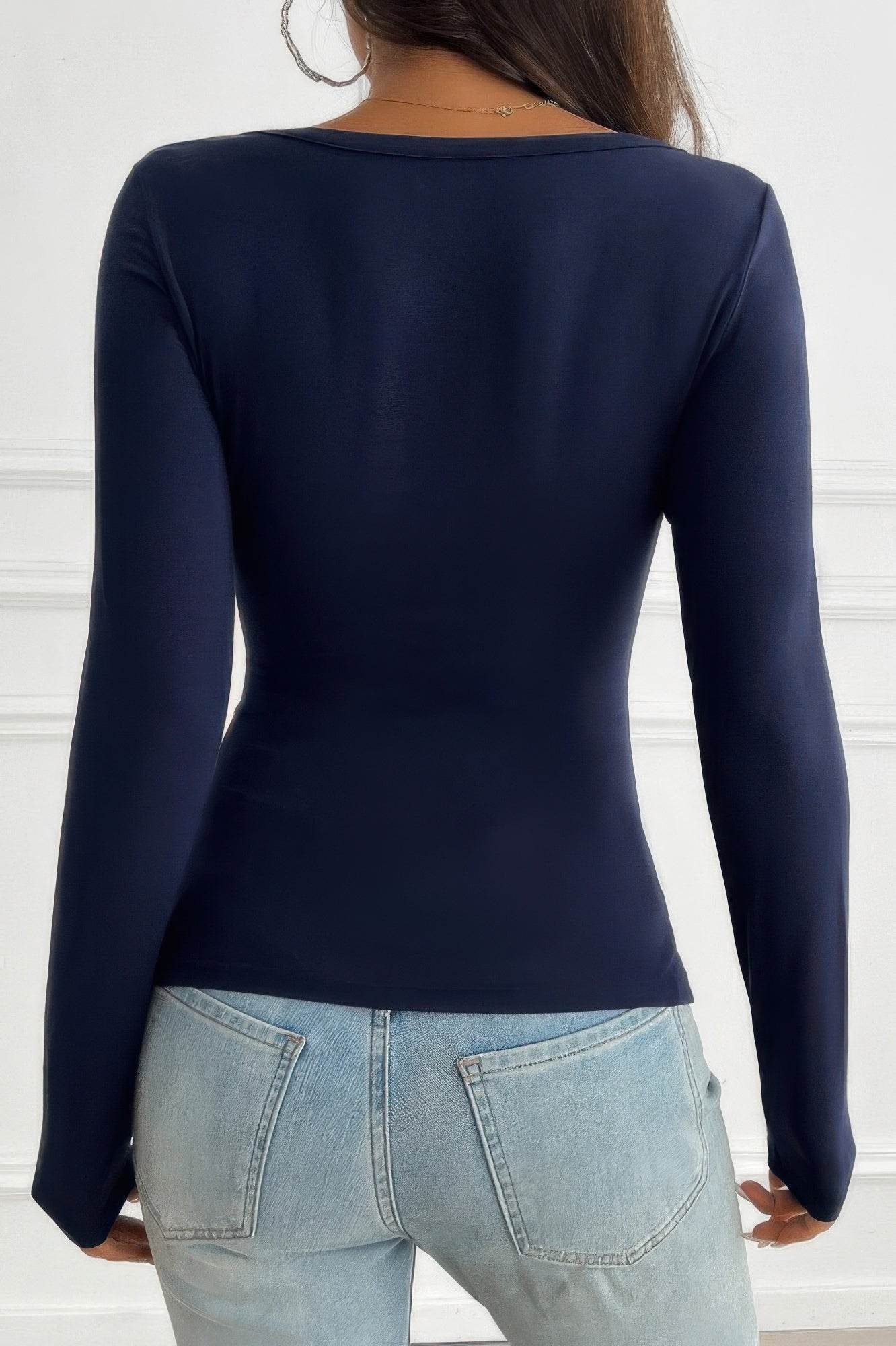 Solid Slim Fit Ruched V Neck Long Sleeve Button T-Shirt - Rosa Apparel