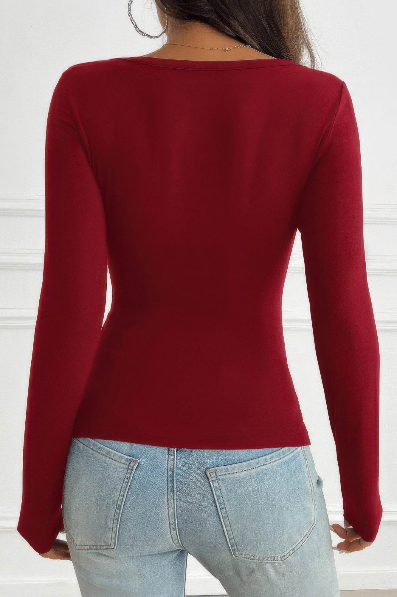 Solid Slim Fit Ruched V Neck Long Sleeve Button T-Shirt - Rosa Apparel