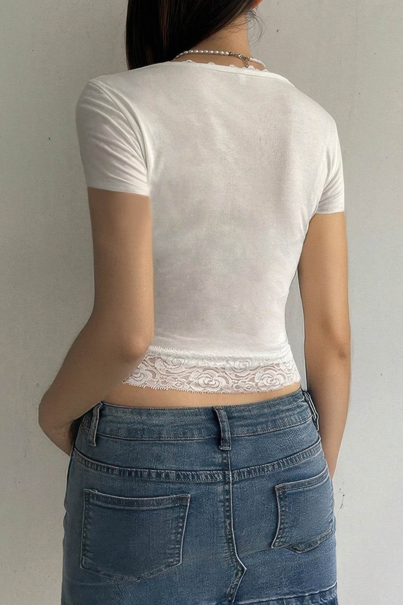 Square Neck Lace Trim High Waist Baby Tee - Rosa Apparel