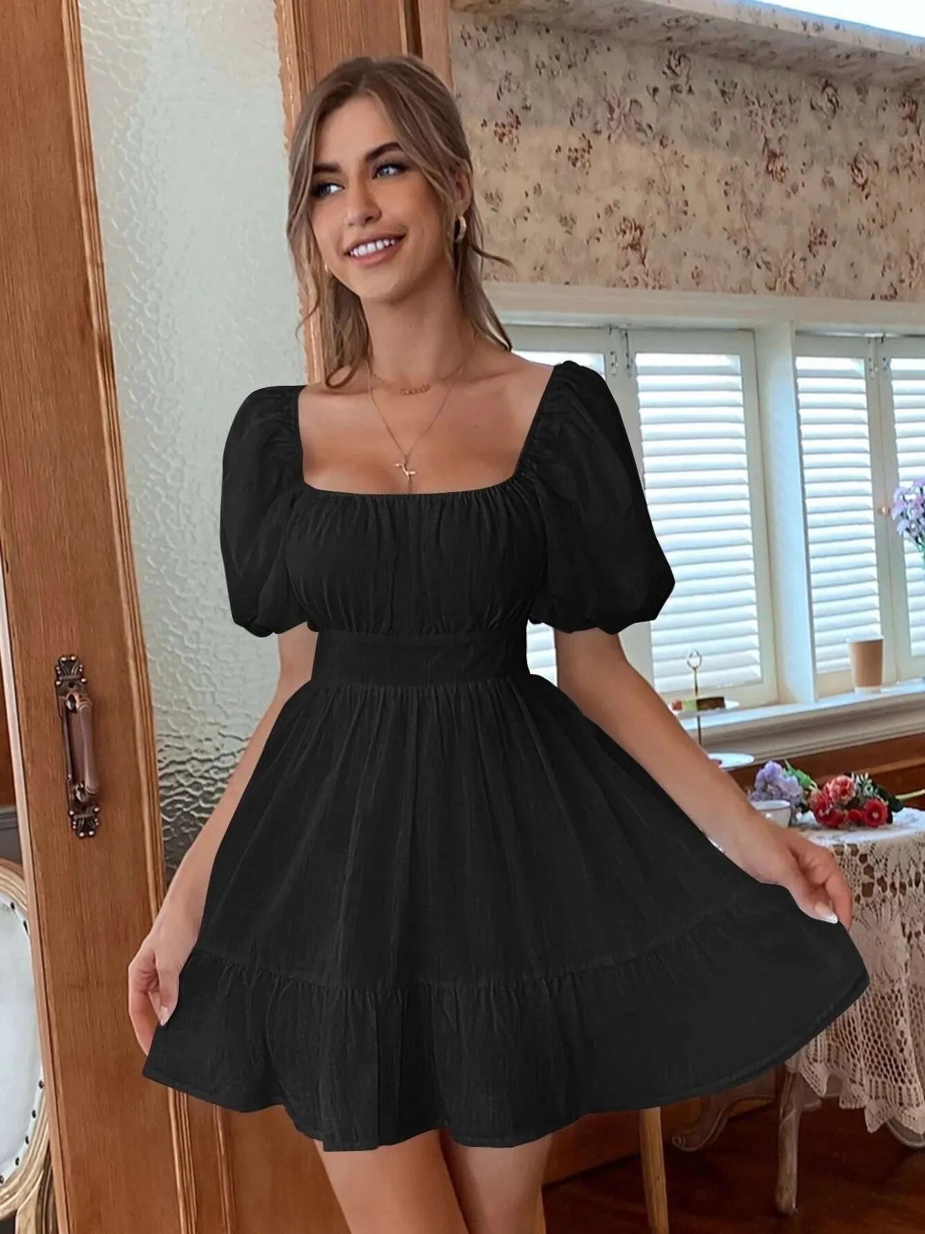 Square Neck Puff Sleeve Mini Dress – Rosa Apparel