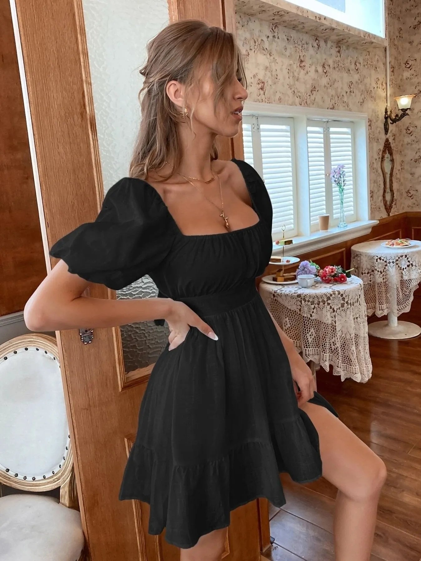 mini dress rosa Square Neck Puff Sleeve Mini Dress Black / M