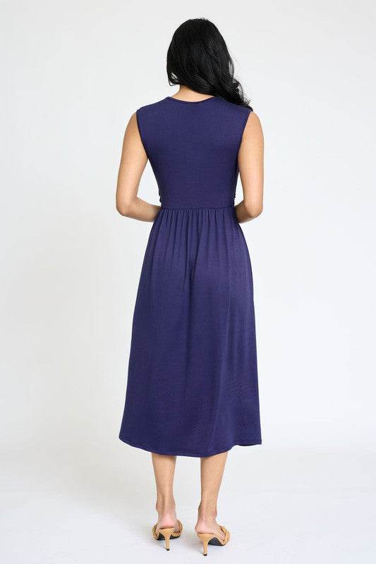 Stylish Sleeveless Cross-Over Bodice V-Neck Midi Dress by EG Fashion - Rosa Apparel