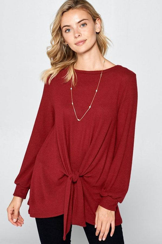 Super Lady Full Size Round Neck Knot Front Hacci Blouse - Rosa Apparel