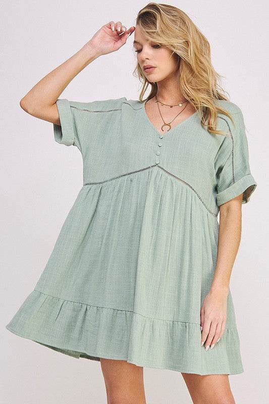 TEXTURED SHORT SLV BUTTON DOWN V-NECK SHORT DRESS - Rosa Apparel