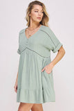 TEXTURED SHORT SLV BUTTON DOWN V-NECK SHORT DRESS - Rosa Apparel