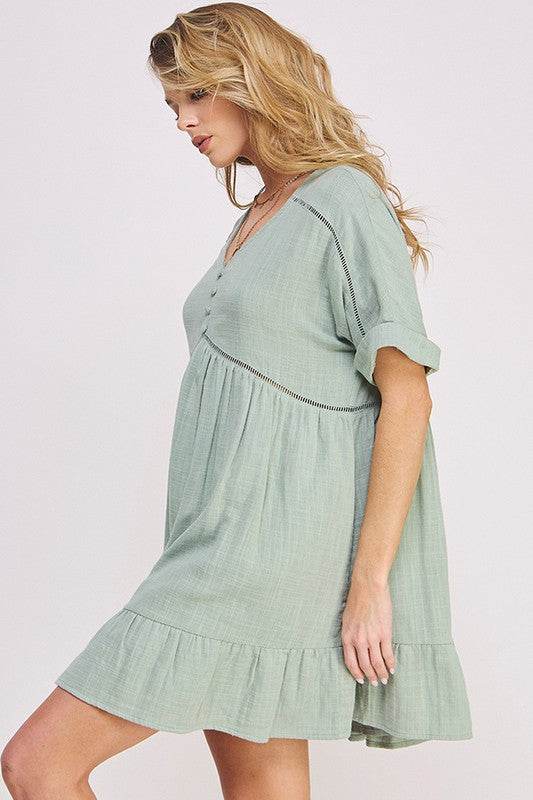 TEXTURED SHORT SLV BUTTON DOWN V-NECK SHORT DRESS - Rosa Apparel
