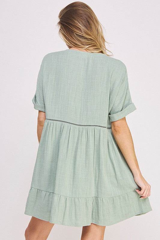 TEXTURED SHORT SLV BUTTON DOWN V-NECK SHORT DRESS - Rosa Apparel