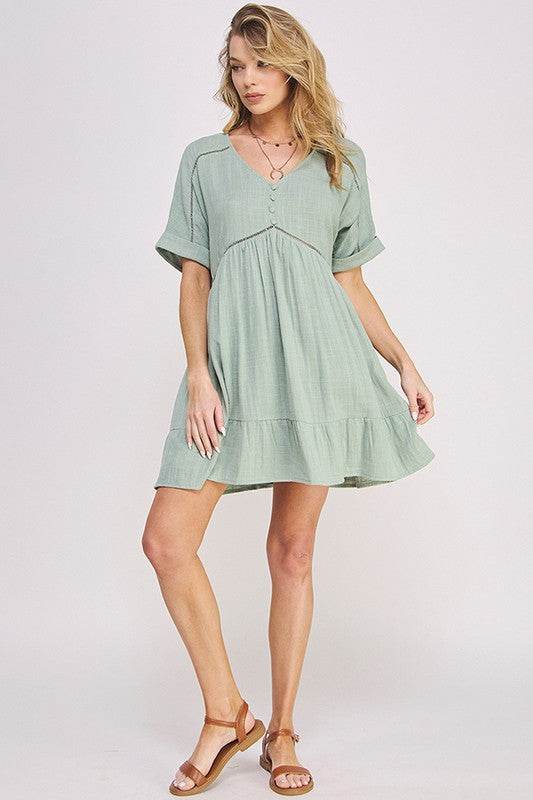 TEXTURED SHORT SLV BUTTON DOWN V-NECK SHORT DRESS - Rosa Apparel