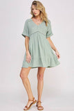 TEXTURED SHORT SLV BUTTON DOWN V-NECK SHORT DRESS - Rosa Apparel