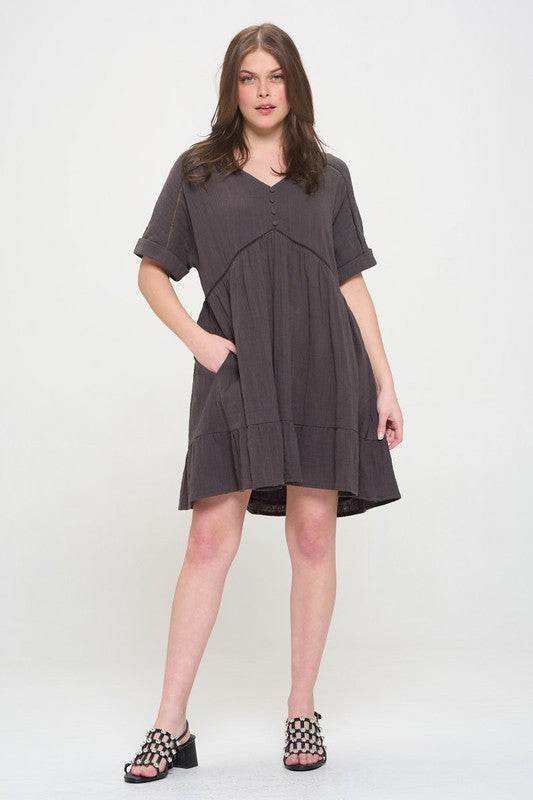 TEXTURED SHORT SLV BUTTON DOWN V-NECK SHORT DRESS - Rosa Apparel