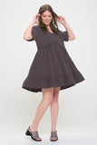 TEXTURED SHORT SLV BUTTON DOWN V-NECK SHORT DRESS - Rosa Apparel