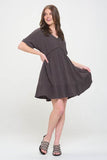 TEXTURED SHORT SLV BUTTON DOWN V-NECK SHORT DRESS - Rosa Apparel