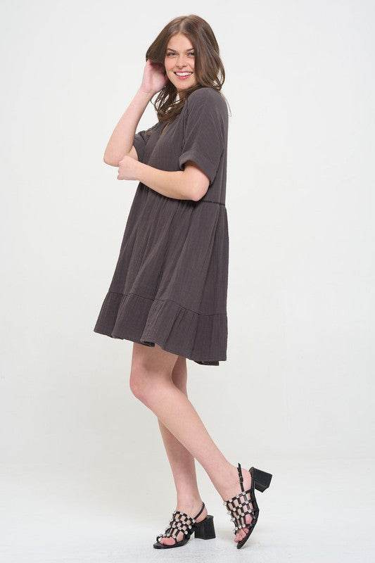 TEXTURED SHORT SLV BUTTON DOWN V-NECK SHORT DRESS - Rosa Apparel