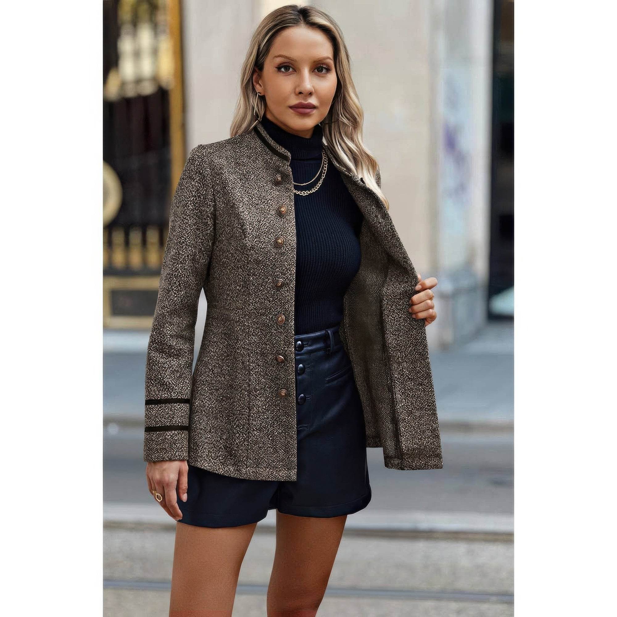 Tailored Stand Collar Jacket with Decorative Buttons - Rosa Apparel