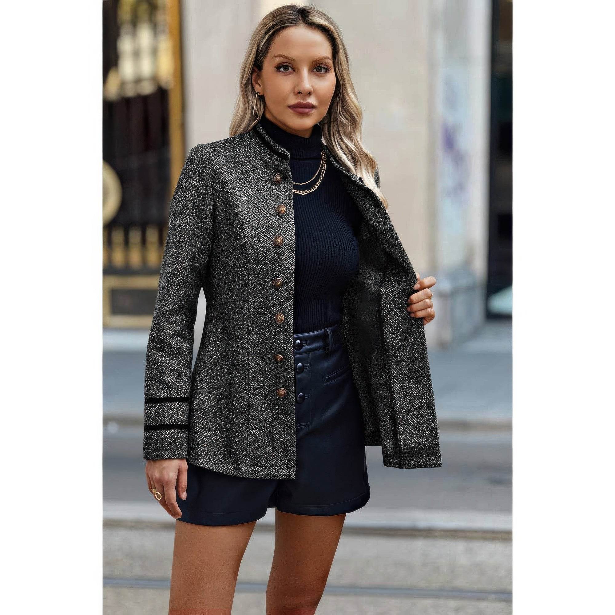 Tailored Stand Collar Jacket with Decorative Buttons - Rosa Apparel