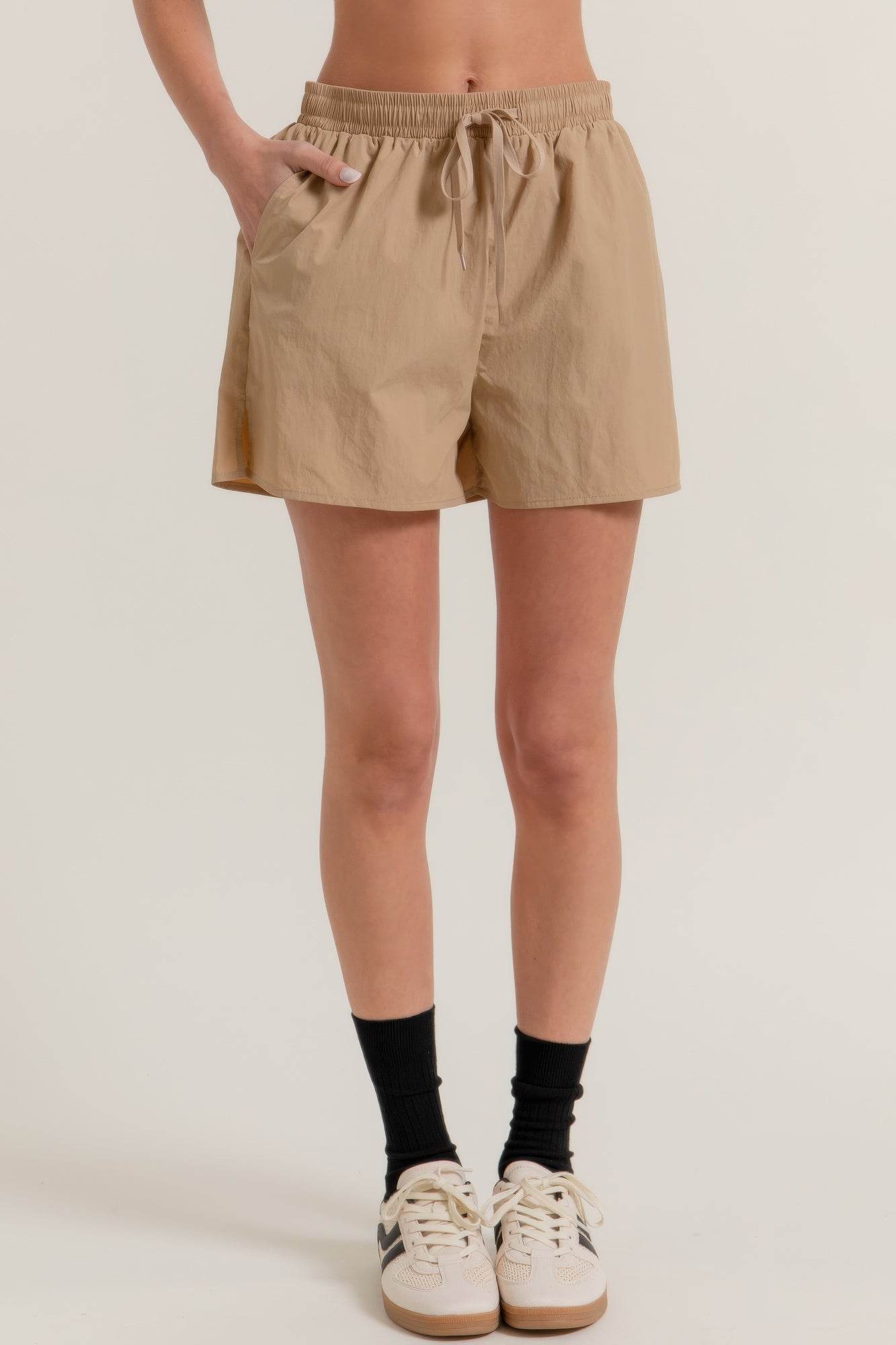Tan Anorak Side Slit Workout Shorts - Rosa Apparel