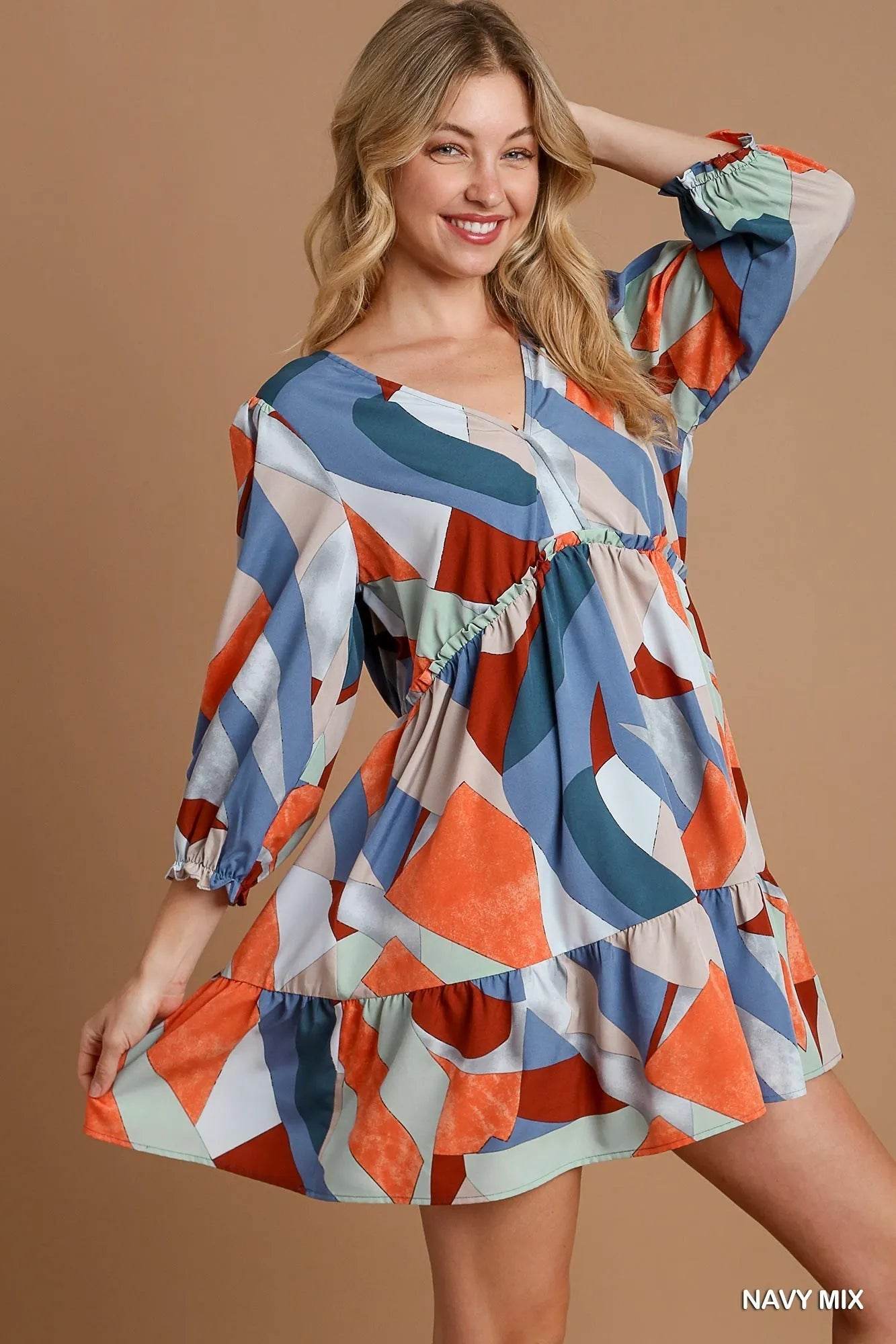 Umgee Abstract V-Neck Tiered Printed Dress - Rosa Apparel