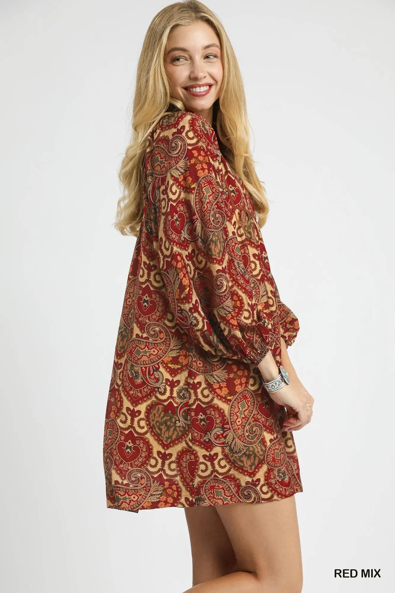 Umgee Boho Mix Paisley Babydoll Dress - Rosa Apparel