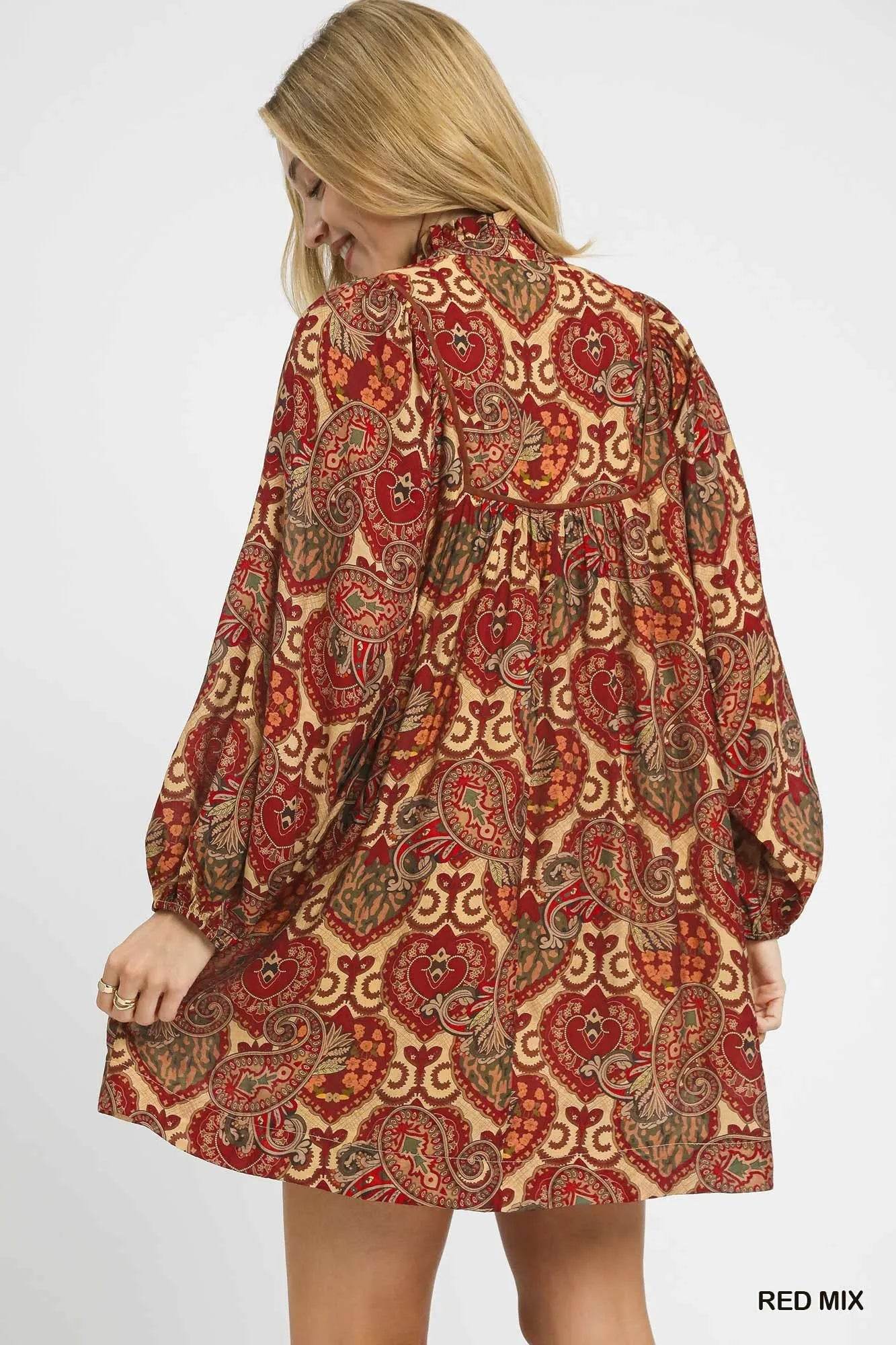 Umgee Boho Mix Paisley Babydoll Dress