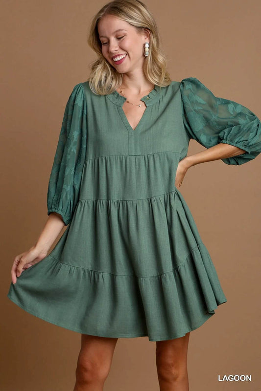 Umgee Floral Contrast Sleeve Tiered Dress - Rosa Apparel