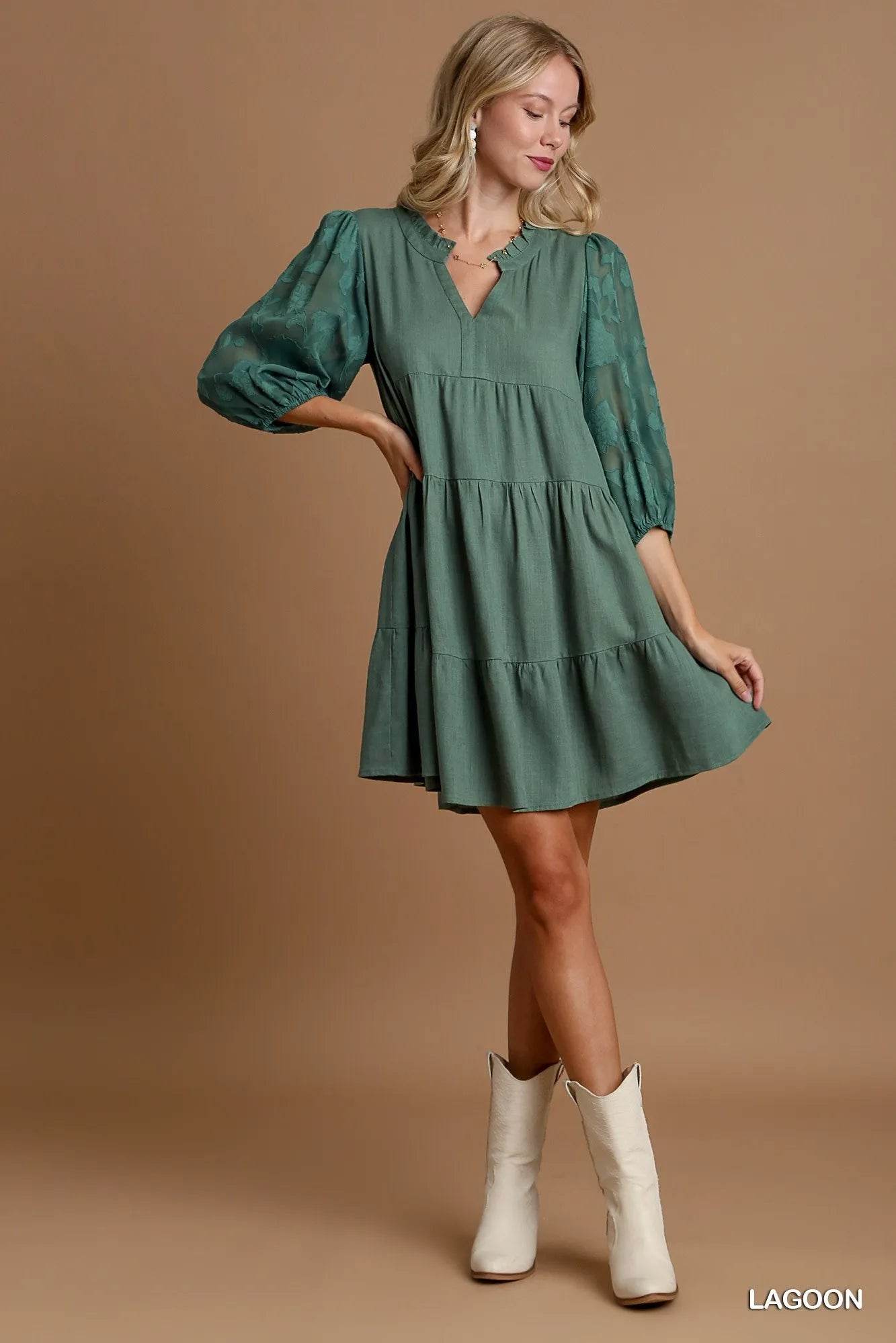 Umgee Floral Contrast Sleeve Tiered Dress - Rosa Apparel
