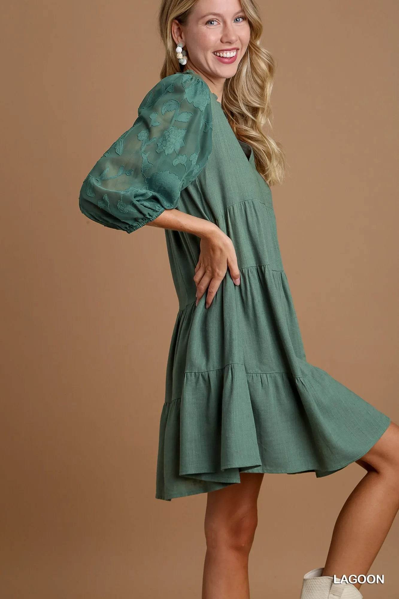 Umgee Floral Contrast Sleeve Tiered Dress - Rosa Apparel
