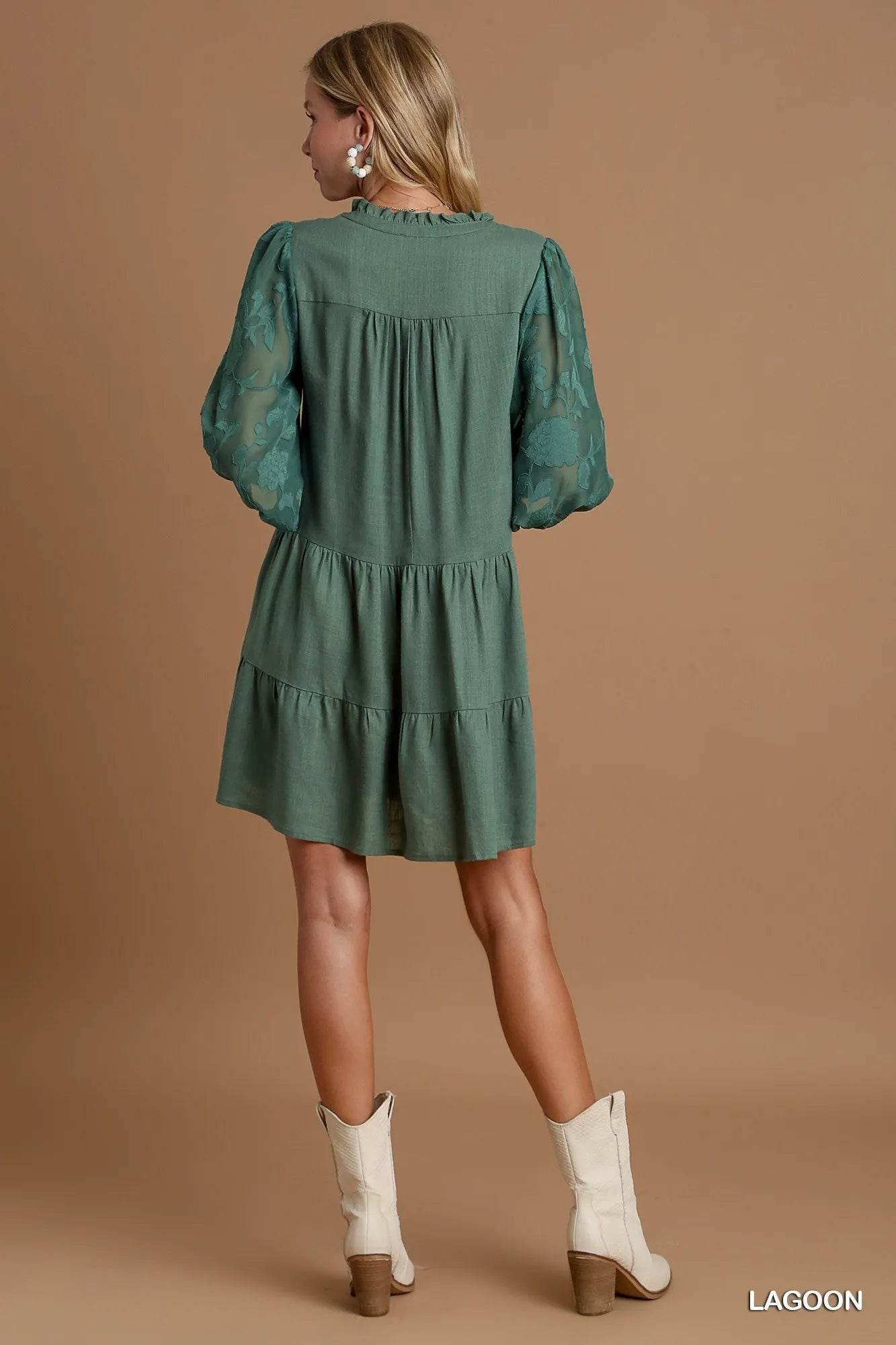 Umgee Floral Contrast Sleeve Tiered Dress - Rosa Apparel