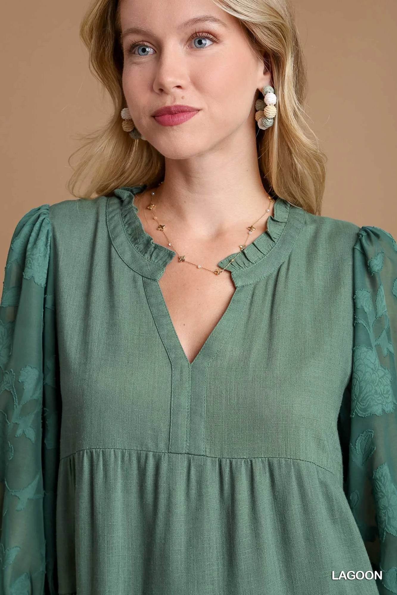 Umgee Floral Contrast Sleeve Tiered Dress - Rosa Apparel